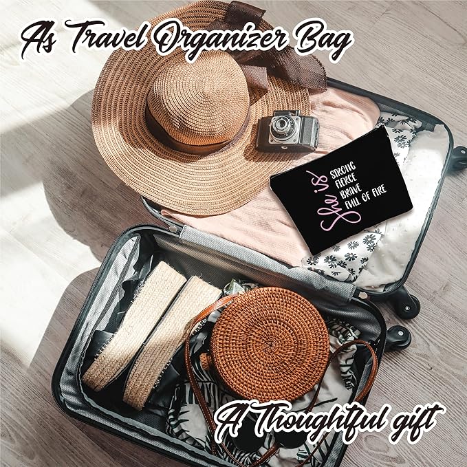 Minimalism Makeup Bag - She Is Strong, Fierce, Brave, Full Of Fire - Energy Quotes Cosmetic Bag, Toiletry Bag Gift For Girls, Teen, Personal Care & Accessories(Dark) - A08