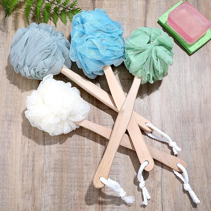 8 Pack Large Bath Puff Loofah Sponge with Long Handle Shower Loofah, Bath Body Back Brush