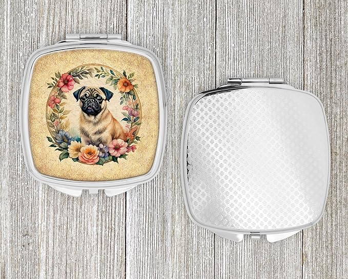 Caroline's Treasures Fawn Pug and Flowers Compact Mirror Decorative Travel Makeup Mirror for Women Girls Gifts Pocket Makeup Mirror Folding Handheld
