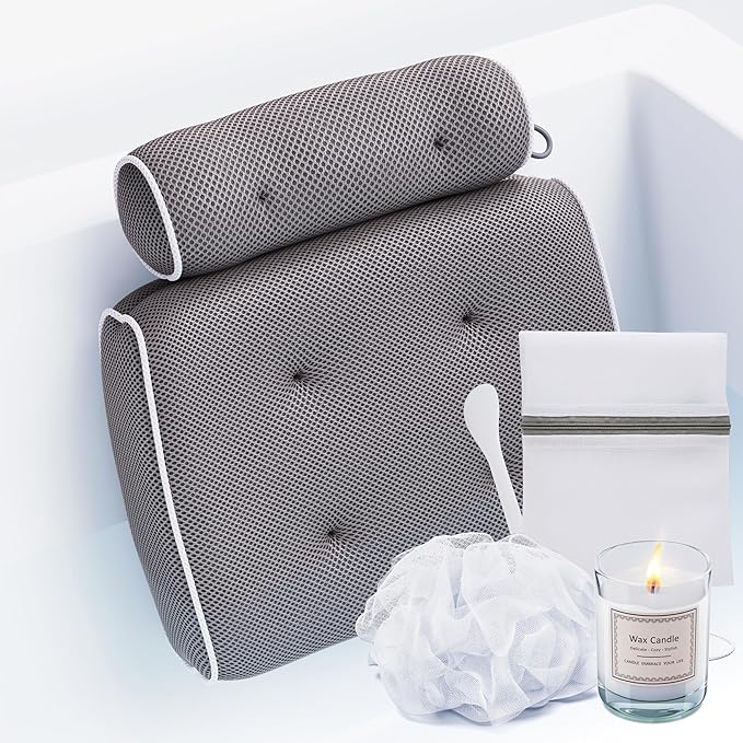 SunSerenity Luxury Bath Pillow - Relaxing Tub Accessory for Head and Back, Unscented Candle, Sponge Loofah, Laundry Bag, & Suction Tool (White on Grey)