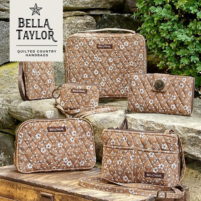 Bella Taylor Large Quilted Cotton Makeup Pouch for Women, Travel Cosmetic Bag, Quilted Cotton Vintage Vine Brown Floral