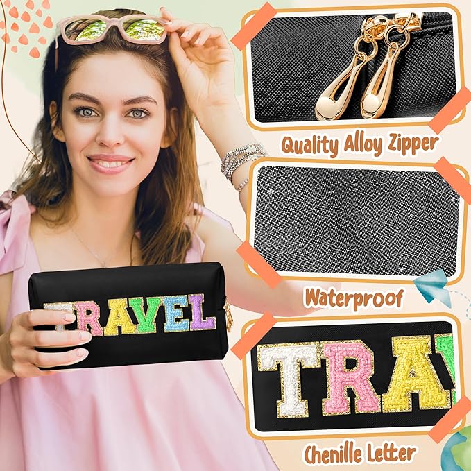CY2SIDE TRAVEL Letter Makeup Bag - Colorful Chenille Letter Patch Cosmetic Bag Black PU Leather Patch Pouch Waterproof Portable Zipper Travel Organizer Christmas Idea Gifts for Women Girls, Black