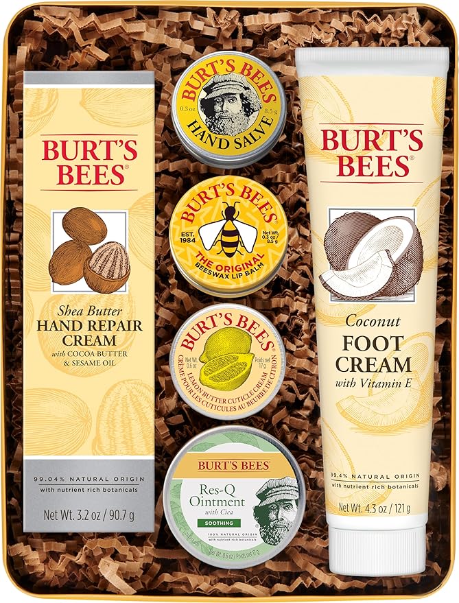 Burt's Bees Gifts Ideas - Classics Set, 6 Products in Giftable Tin β Cuticle Cream, Hand Salve, Lip Balm, Res-Q Ointment, Hand Repair and Foot Cream