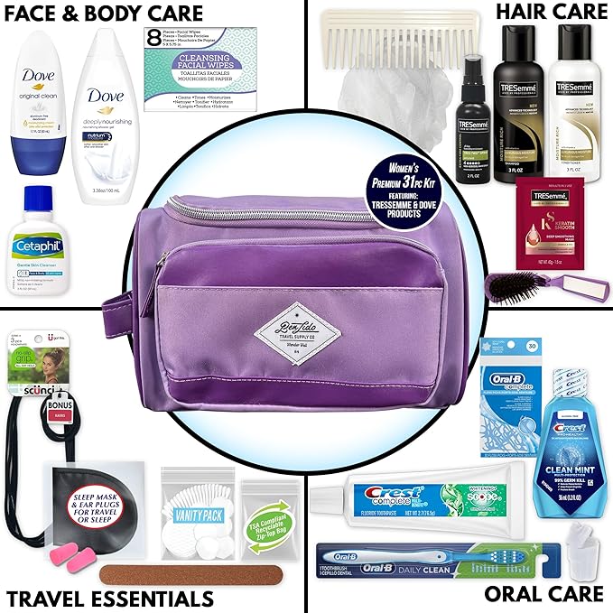Convenience Kits International Womenβs Super Premium 31 PC Travel Kit Featuring: Ensemble of Travel-Size Hair Care Products Plus Face, Body, Oral Care, Travel Essentials in Large Purple Toiletry Bag