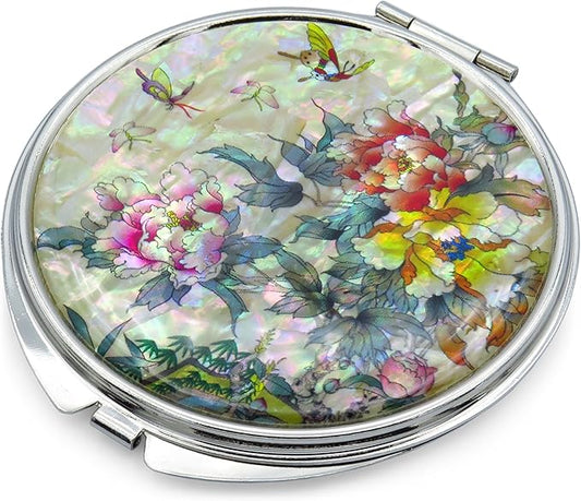 MADDesign Mother of Pearl Compact Makeup Mirror Folding Magnify Butterfly Flowers Pink Yellow