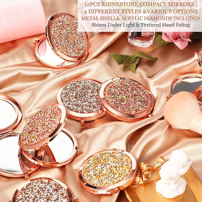 Cindeer 12 Pcs Small Compact Mirror Folding Pocket Makeup Round Hand Held Cosmetic Magnifying Compact Rhinestone Mirror with 1X/2X Magnification for Women Girls Travel (Assorted Colors)