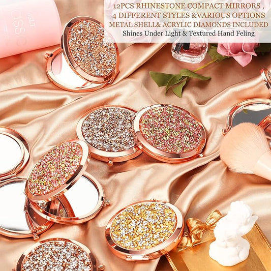 Cindeer 12 Pcs Small Compact Mirror Folding Pocket Makeup Round Hand Held Cosmetic Magnifying Compact Rhinestone Mirror with 1X/2X Magnification for Women Girls Travel (Assorted Colors)