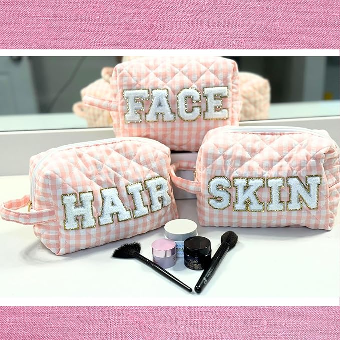 3pc Checker Makeup Cosmetic Bag Preppy Patch Travel Pouch for Women Chenille Letter Patch Small Portable Cosmetic Bag (Pink & White) (Bag With Handle)