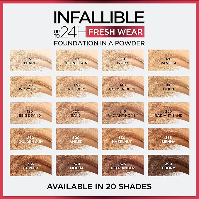 L'Oreal Paris Makeup Infallible Fresh Wear Foundation in a Powder, Up to 24H Wear, Waterproof, Pearl, 0.31 oz.