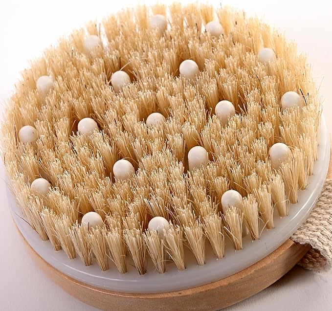 Large Dry Brushing Body Brush - Natural Boar Bristle Brush for Lymphatic Drainage, Cellulite, Blood Circulation - Eco-Friendly Skin Massage Nodes for Detox, Flawless Skin, Exfoliating Body Scrubber