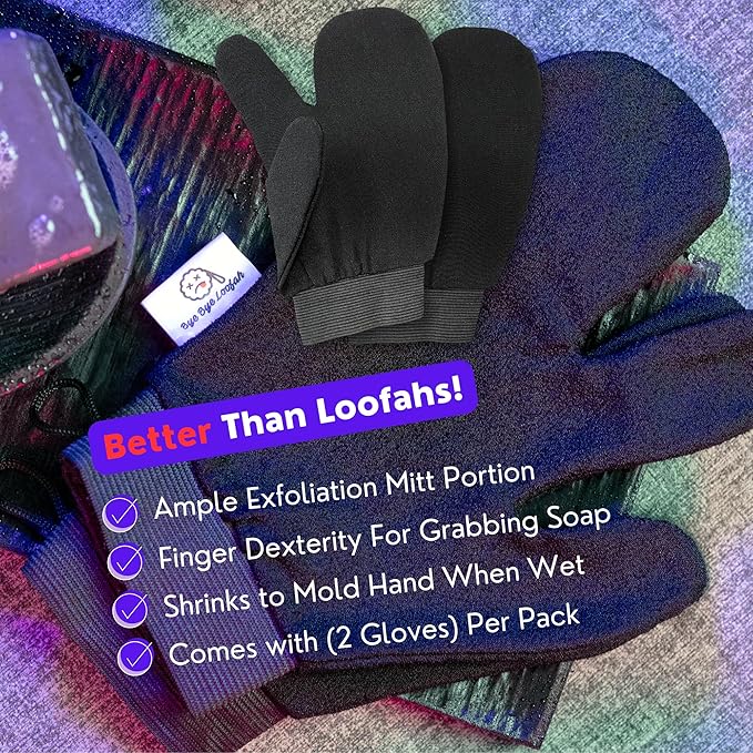 Deep Exfoliating Gloves for Body Scrub β 2-Pack Mitt for Men & Women, Black, KP Bump Eraser & Dead Skin Remover β Smooth, Radiant Skin Exfoliator β Loofah Alternative by Bye Bye Loofah