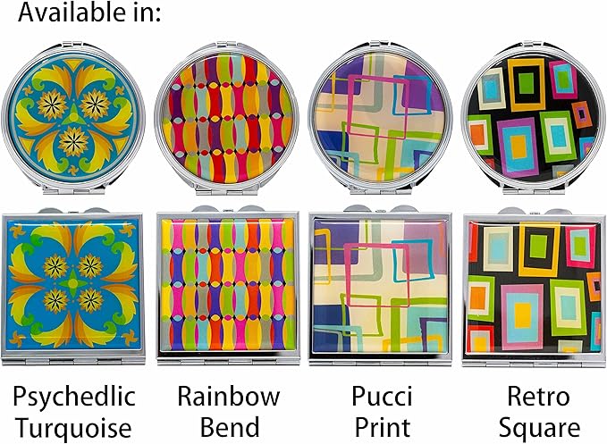 Stephanie Imports Set of 3 Double Sided Magnifying Compact Slim Mirrors with Printed Insert (Circle - Retro Squares)