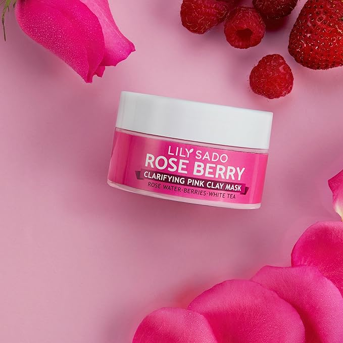 LILY SADO Rose Berry Pink Clay Mask w Rose Water & Fresh Berries - White Tea & Jojoba Beads Gently Exfoliate, Balance & Purify to Prevent Acne & Blackheads - 4 oz