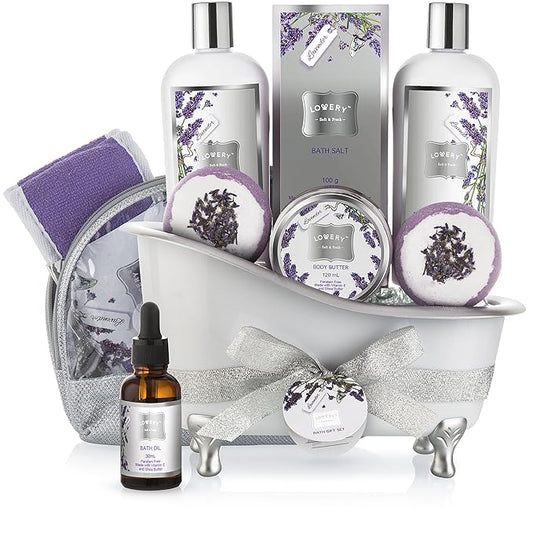 Christmas Gift Baskets for Women Bath Gift Set for Women, Bath and Body Spa Set Lavender and Jasmine with Large Bath Bombs, Salts, Shower Gel, Body Butter Lotion, Bath Oil, Bubble Bath, Loofah & More