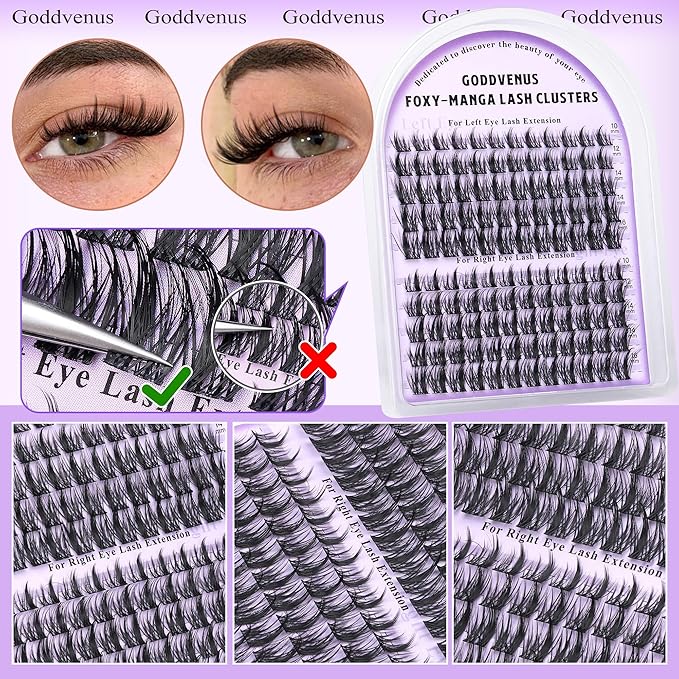 Manga Lash Cluster Kit Wispy Lashes Clusters Fluffy Eyelash Clusters Upturned Foxy Cluster Eyelash Extensions Kit D Curl Fairy Eyelash Extension Kit 10-16mm Individual Lashes Kit
