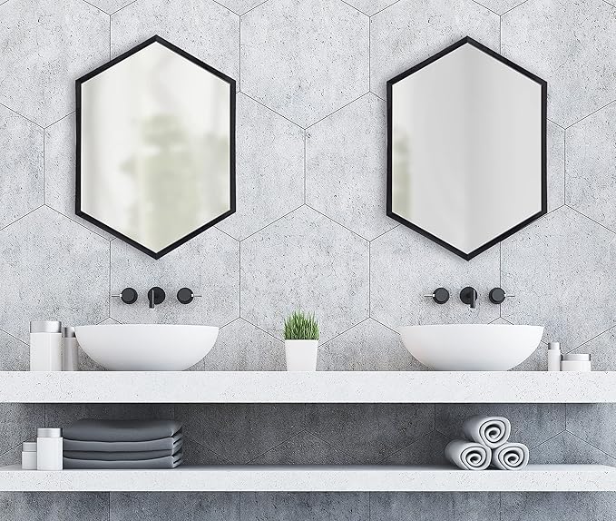 Kate and Laurel Laverty Modern Framed Hexagon Mirror, 22" x 31", Black, Contemporary Geometric Wall Decor