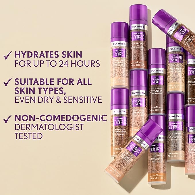 Covergirl Simply Ageless Skin Perfector Essence Foundation, 70 Rich, Tinted Skincare Makeup Hybrid, Sheer Tint, Radiant Finish, Glowy Finish, Vegan Formula, 1.0oz