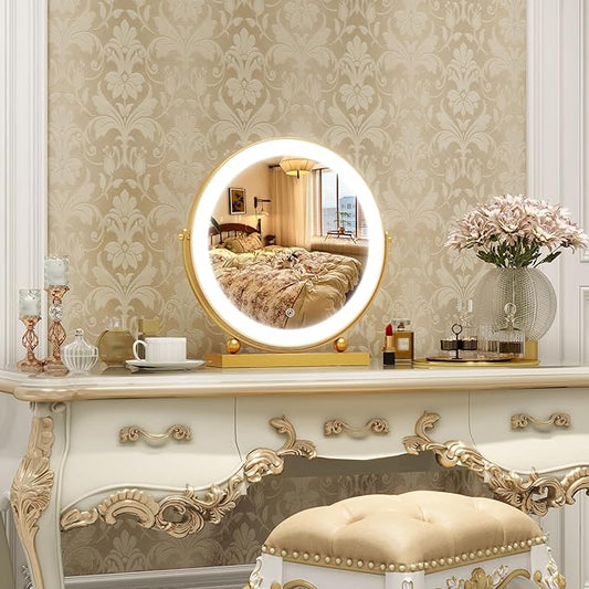 13 Inch Vanity Mirror with Lights, Round Make Up Mirror with Lighting, LED Mirror Makeup Mirror with Lights for Bedroom Tabletop, Smart Touch Control, 360Β° Rotation (Gold)