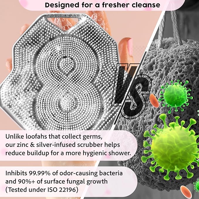 Lintach™ Silicone Body Scrubber – Gentle Exfoliating Body Scrubber – Ergonomic Shower and Bath Brush for Men and Women – Reusable and Food-Grade Silicone Brush for Smooth, Supple Skin, (Gray)