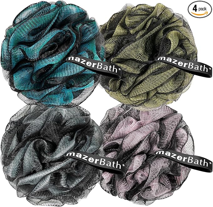 AmazerBath Charcoal Loofah Sponge, Large Shower Loofah 75g/PCS - Body Scrubber Loofa Set of 4 - Charcoal Blue, Gray, Pink & Army Green, Bath Sponge for Men and Women