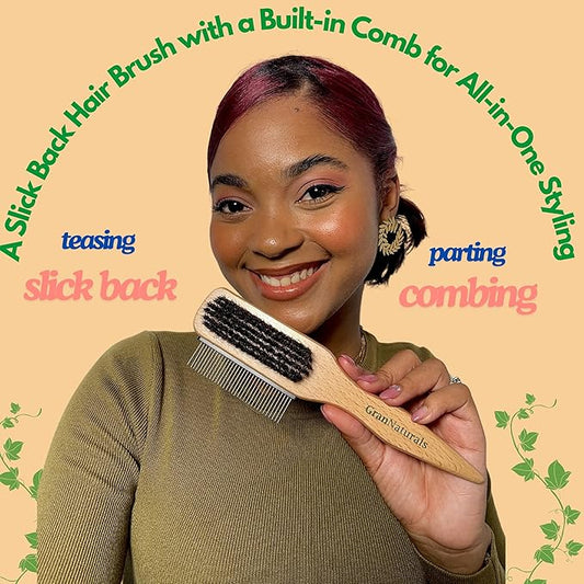 GranNaturals Boar Bristle Slick Back Hair Brush w/Comb for Smoothing Sleek Ponytail Bun - Wide Rat Tail & Metal Comb Hairbrush for Parting, Teasing, Backcombing, Sectioning, Edge Control, Flyaways