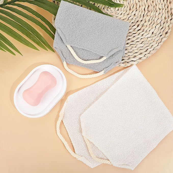 Stretchable Back Scrubber with Handles, 2PCS Nylon Exfoliating Shower Body Scrub Towel Body Scrub Towel Extended Length Back Washers Scrubbers for Body Cleans Skin Massages(White + Gray Nylon)