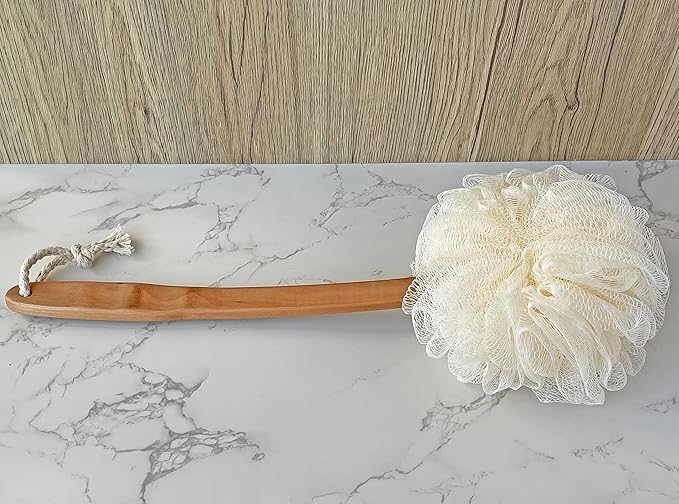 Shower Loofah Body & Back Scrubber - Exfoliating Loofah luffa Bath Brush On a Stick - with Long Wooden Handle Back Brush for Men & Women - Easy Reach Body Wash & Lotion ApplicatorοΌ 2 Pack- WhiteοΌ