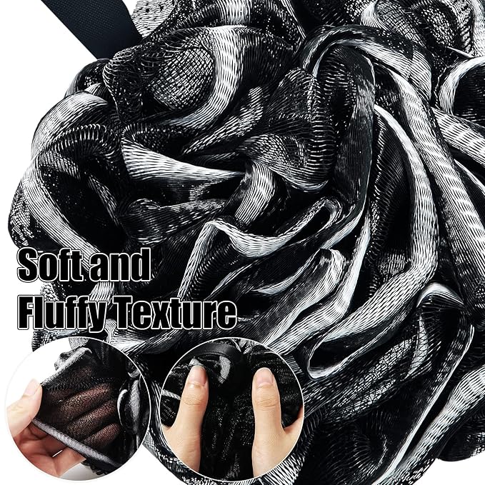 Shellwei 32 Pcs Bath Sponge Shower Loofahs Bulk 60 g Charcoal Body Shower Sponge Large Mesh Puff Soft Scrubber for Men and Women Exfoliating Pouf Balls with Bathing Accessories(Black White)