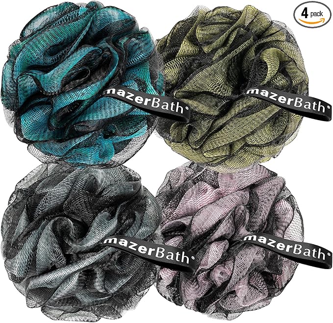 AmazerBath Charcoal Loofah Sponge, Shower Loofah 60g/PCS - Body Scrubber Loofa Set of 4 - Charcoal Blue, Gray, Pink & Army Green, Bath Sponge for Men and Women