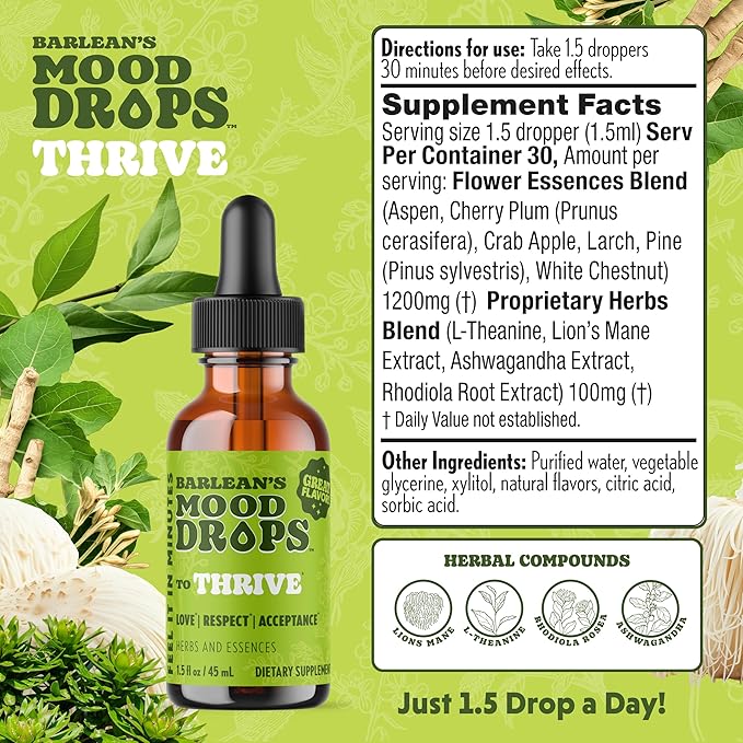 Barlean's Mood Booster Supplement, Thrive Liquid Drops Supplements, Ashawagandha, L Theanine, and Lion's Mane Extract, Adaptogen Herbs Drops, 1.5 oz