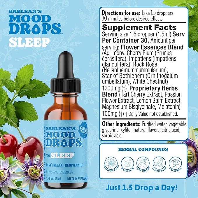 Barlean's Mood Booster Supplement, Sleep Liquid Drop Supplement for Men and Women, Magnesium and Melatonin, Adaptogen Herbs Drops, 1.5 oz