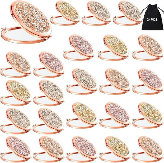 Cindeer 24 Pcs Small Compact Mirror Folding Pocket Makeup Round Hand Held Cosmetic Magnifying Compact Rhinestone Mirror with 1X/2X Magnification for Women Girls Travel (Multi Colors)