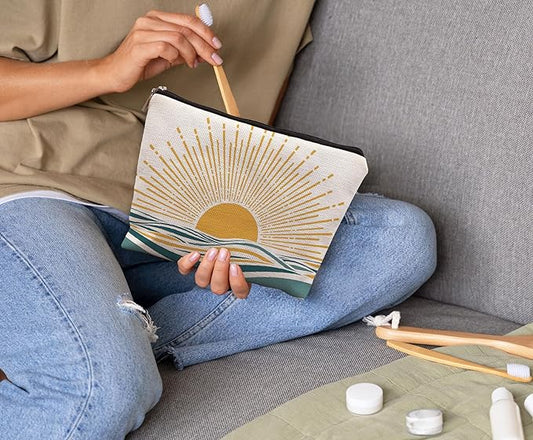 Boho Cosmetic Bag - Sunshine Ray Abstract Boho Sunrise Ocean Landscape Makeup Bag Gifts For Women & Teen Girls