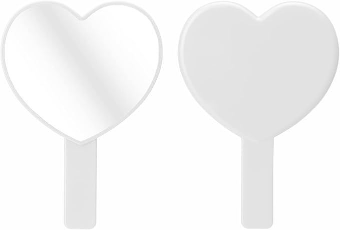 2PCS Heart-Shaped Makeup Hand Mirror,Travel Handheld Mirror Portable Personal Cosmetic Mirror with Handle (White)