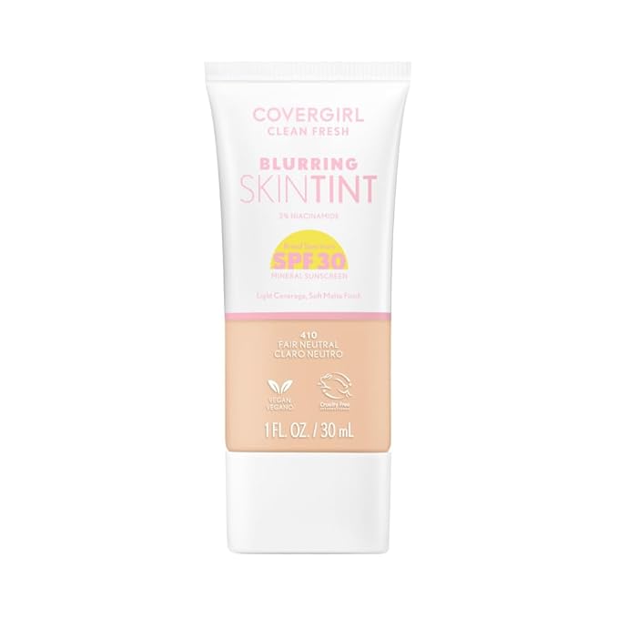COVERGIRL Clean Fresh Blurring Skin Tint with SPF 30, 410 Fair Neutral, Liquid Foundation, Soft Matte Finish, Smooths, Brightens, Blurs Pores, Mineral Sunscreen, Vegan Formula