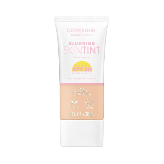 COVERGIRL Clean Fresh Blurring Skin Tint with SPF 30, 410 Fair Neutral, Liquid Foundation, Soft Matte Finish, Smooths, Brightens, Blurs Pores, Mineral Sunscreen, Vegan Formula