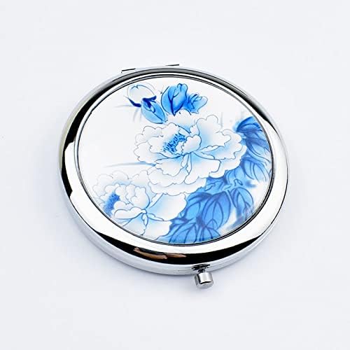 Blue Magnifying Compact Mirror for Purse - 1x/2x Magnification Travel Makeup Mirror,Small Flower Pocket Mirrors,Handheld 2-Sided Portable Cosmetic Mirrors,Compact Mirror for Gift