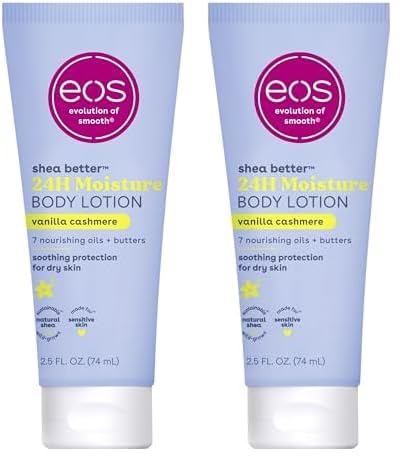 eos 24H Moisture Travel Body Lotion- Vanilla Cashmere, Travel Size Essential, Toiletries, Mini Body Lotion For Dry Skin, 2.5 fl oz (Pack of 2)