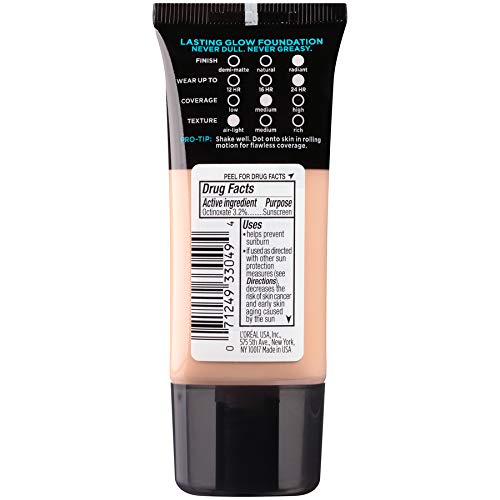 L'Oreal Paris Makeup Infallible Up to 24HR Pro-Glow Foundation, Sand Beige, 1 fl oz.