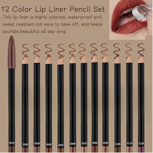 12 Colors Brown Lip Liner Set for Women- Dark Red Nude Waterproof Lip Pencils for Defining & Filling Lips, Long-Lasting Smooth Lip Makeup, High Pigmented Lip Liner Pack
