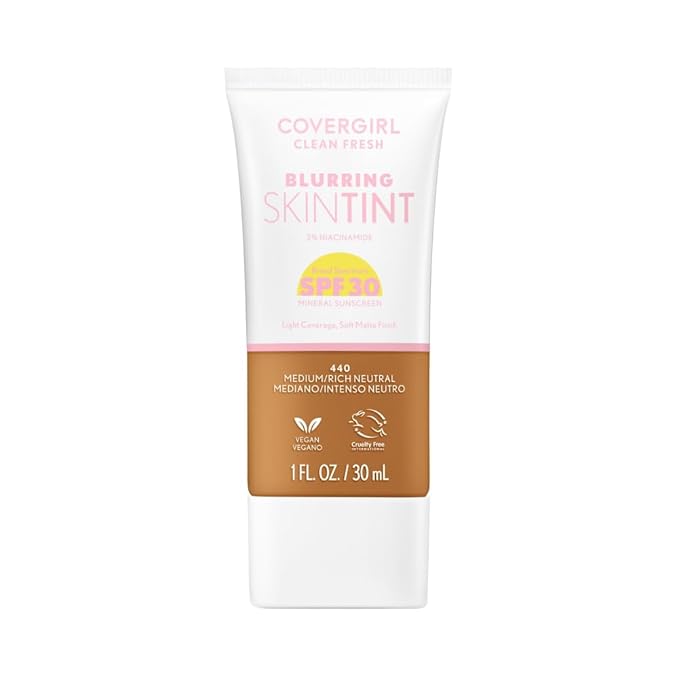 COVERGIRL Clean Fresh Blurring Skin Tint with SPF 30, 440 Medium/Rich Neutral, Liquid Foundation, Soft Matte Finish, Smooths, Brightens, Blurs Pores, Mineral Sunscreen, Vegan Formula