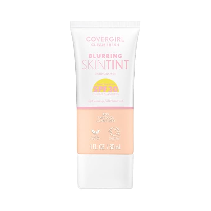 COVERGIRL Clean Fresh Blurring Skin Tint with SPF 30, 405 Fair Cool, Liquid Foundation, Soft Matte Finish, Smooths, Brightens, Blurs Pores, Mineral Sunscreen, Vegan Formula
