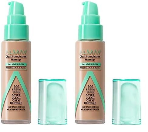 Almay Clear Complexion Acne Foundation Makeup with Salicylic Acid, Medium Coverage, Soft Matte Finish, Hypoallergenic, Cruelty- & Fragrance-Free, Dermatologist Tested, 500 Fresh Beige, 1 fl oz