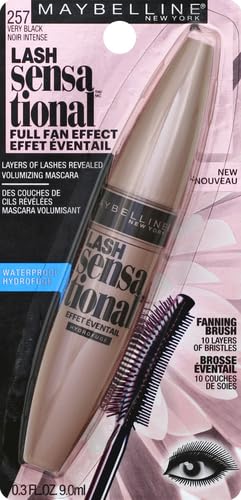 Maybelline Lash Sensational Waterproof Mascara, Lengthening and Volumizing for a Full Fan Effect,Very Black, 1 Count (Pack of 2)