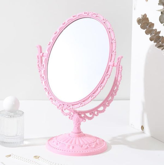 AKOAK 1 Pack Desktop Makeup Mirror, Oval Desk Makeup Mirror, Double-Sided 360-degree Rotating Makeup Mirror Bathroom Bedroom Makeup Mirror, Travel Mirror Suitable for Women (Pink)