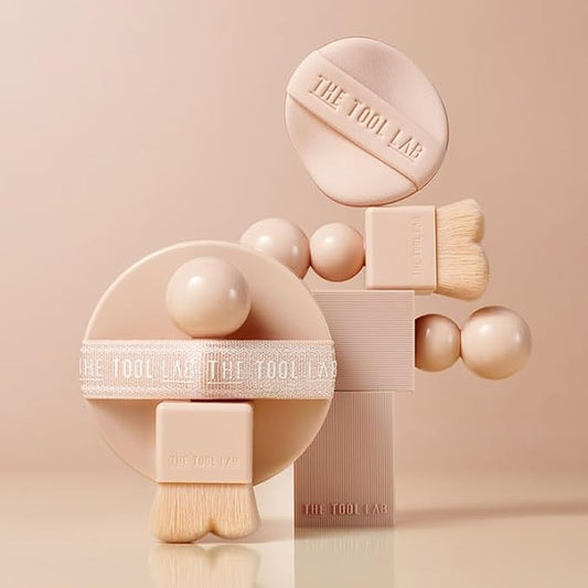 THE TOOL LAB Stamp Skinfit Cushion Foundation & Brush Set｜Glow type, No.21 Ivory｜120H Long-Lasting Coverage, Flawless, Ultra Adherence, Glass Glowy Clear Watercolor-Radiance Skin｜SPF 40++, 11g