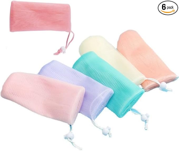 6PCS Multicolor Exfoliating Mesh Soap Pouch Bubble Foam Net Bag for Shower Saver Pouch Drawstring Foaming Net Soap Bag for Body Facial Cleaning Tool, 5 Colors Easy to Store Used Repeatedly,Cleansers