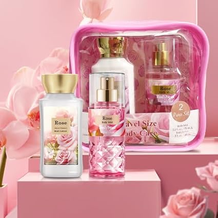 Bath and Body Gift Set for Women & Girls, Rose 2PCS Set for - Body Lotion, Body Mist, Personal Portable Body Care Travel Set for Birthday Mother's Day Gifts for Her and Him