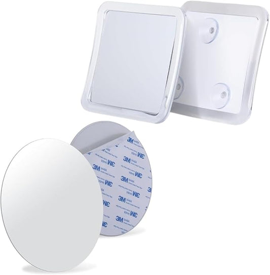 Sticky 3M Adhesive Anti-Fog Shaving Mirror for Men - Frameless & Shatterproof Plastic Mirror (Round) & Small Travel Shower Mirror - Fogless Shower Shaving Mirror with Triple Suction Cups Bundle