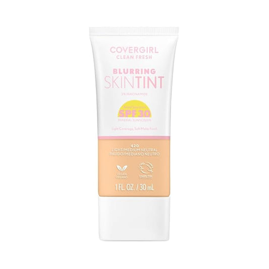 COVERGIRL Clean Fresh Blurring Skin Tint with SPF 30, 420 Light/Medium Neutral, Liquid Foundation, Soft Matte Finish, Smooths, Brightens, Blurs Pores, Mineral Sunscreen, Vegan Formula